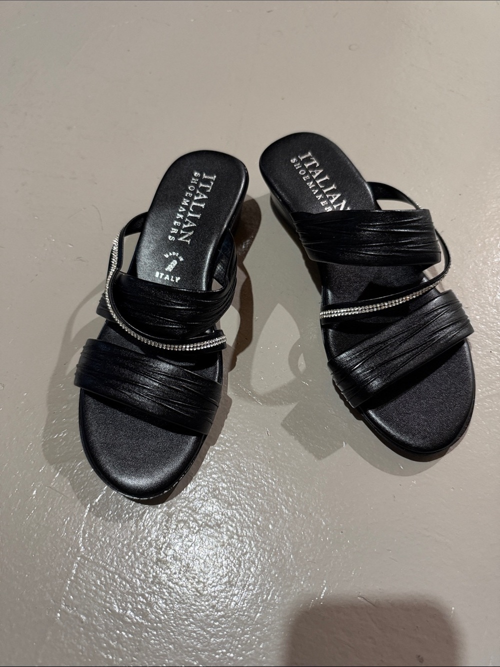 Italian Shoemakers Black Satin Slide Sandals with Rhinestone Band